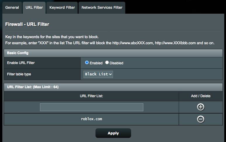 the URL Filter tab