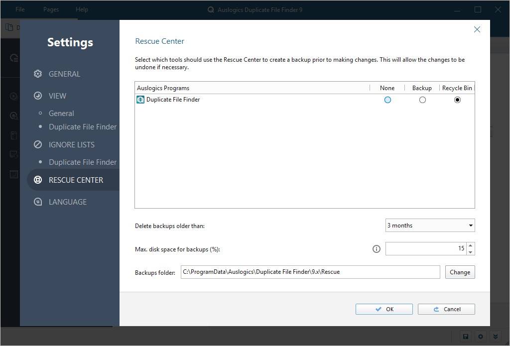 Auslogics Duplicate File Finder Rescue Center