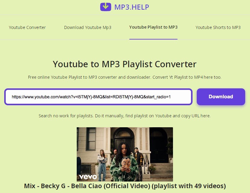 paste url of a Youtube playlist