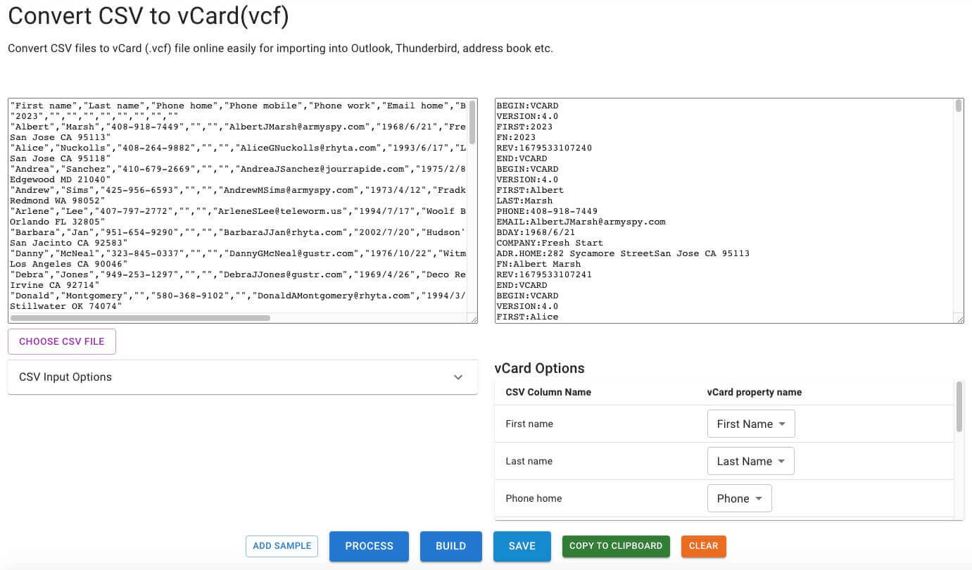 the interface of the online CSV to vCard converter showing Choose CSV File, CSV Input Options, Process and some other buttons