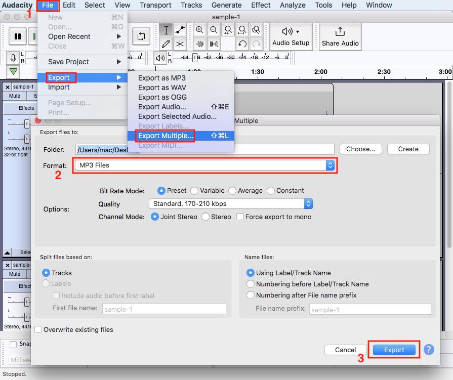 batch convert m4a files to mp3 for free on mac with audacity