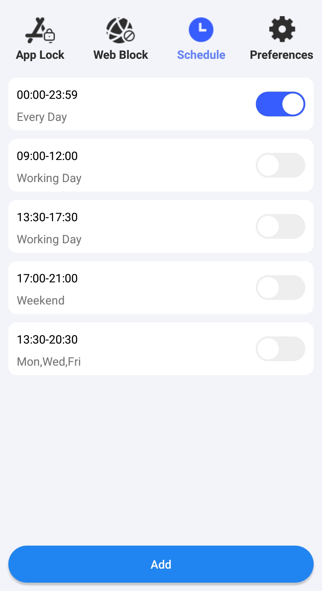 the Schedule tab showing several schedules