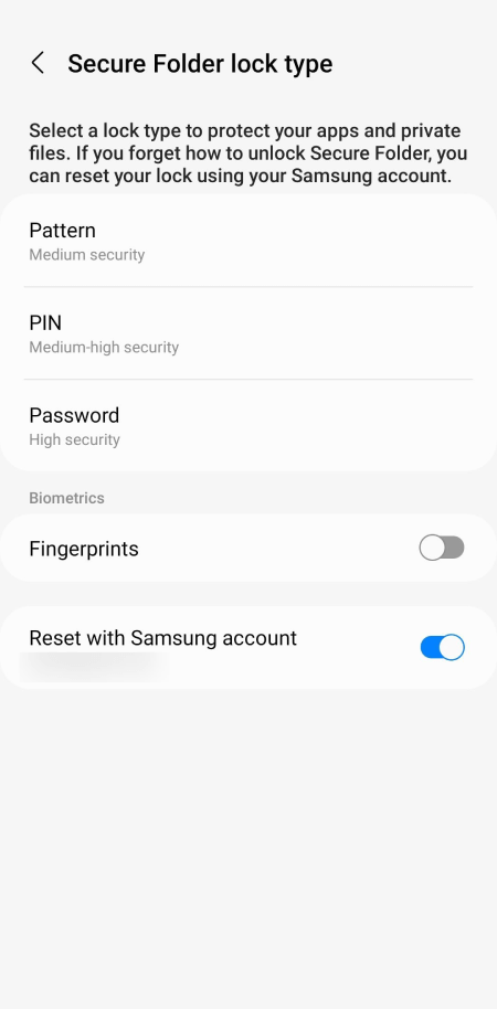 the Secure Folder lock type screen