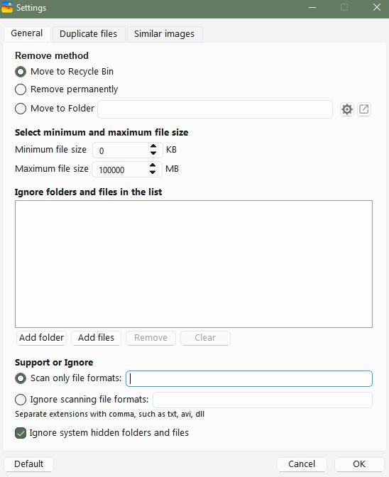 The Settings window showing General settings and Duplicate files settings