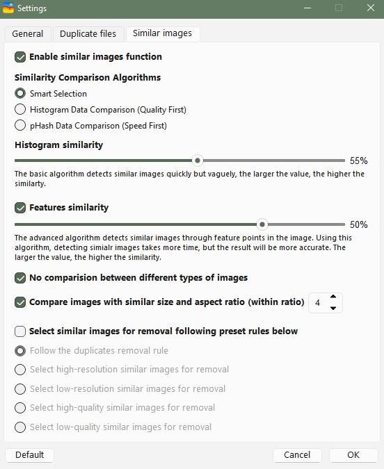 the Similar images tab in the Settings window