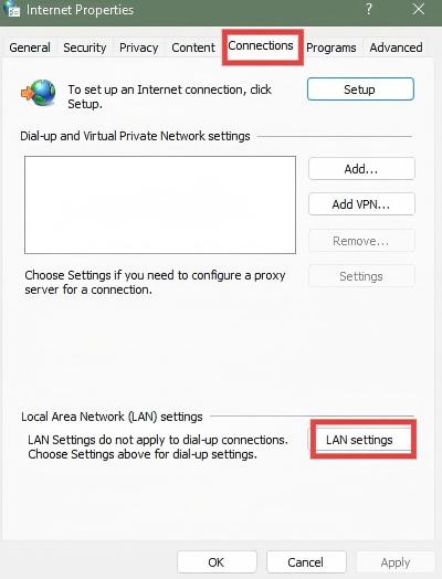 click LAN settings