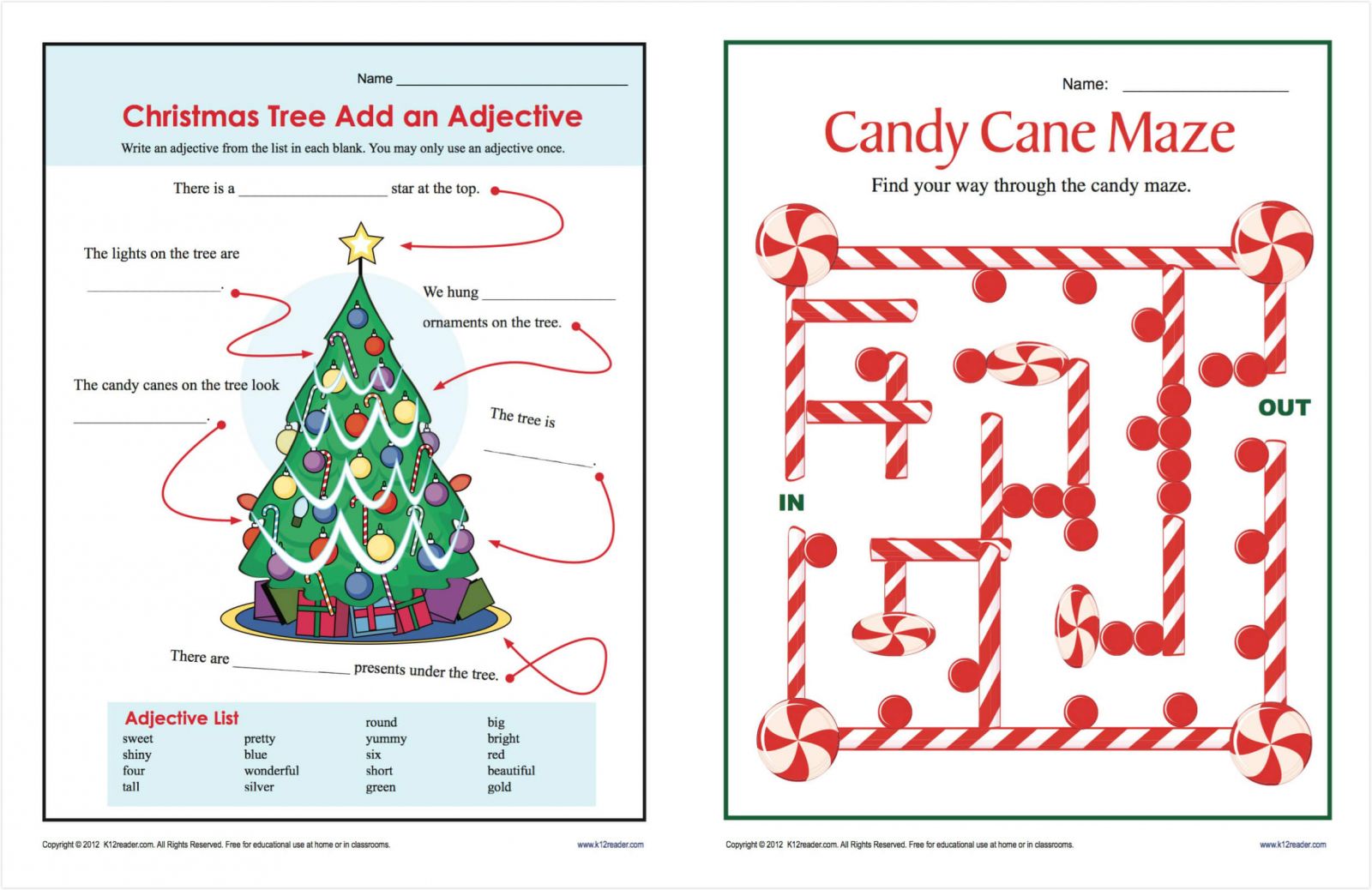christmas worksheets pdf from k12reader.com